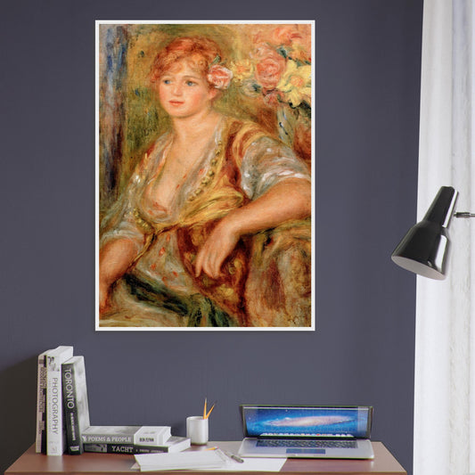 Blonde à la rose de Pierre-Auguste Renoir, œuvre impressionniste reproduite en poster d’art avec cadre blanc, pour décoration murale.