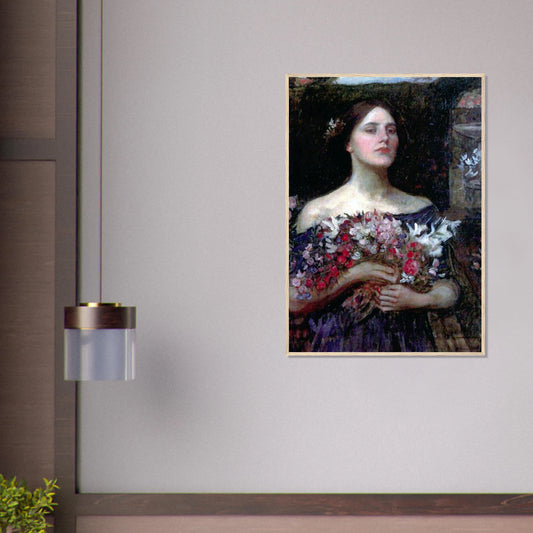 Cueillez les boutons de rose de John William Waterhouse, œuvre préraphaélite reproduite en poster d’art avec cadre en bois clair, pour décoration murale.