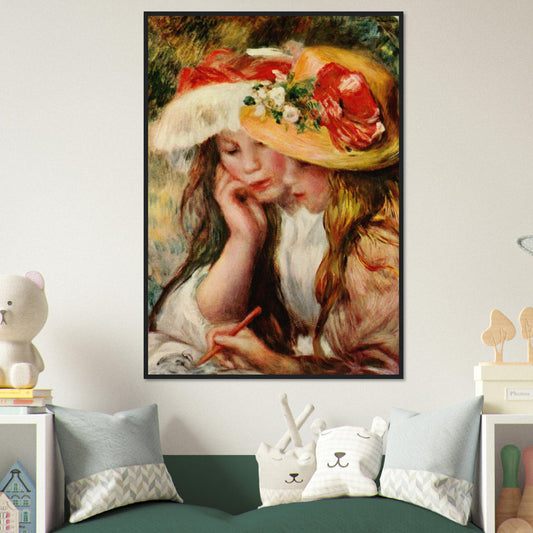 Deux jeunes filles lisant de Pierre-Auguste Renoir, oeuvre impressionniste representant deux jeunes filles reunies autour d'un livre, reproduite en poster encadre avec cadre noir.