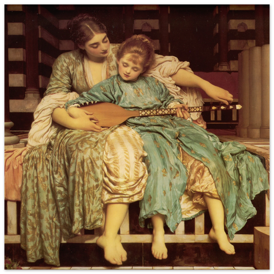 La Leçon de musique de Frederic Leighton, tableau et œuvre académique représentant deux jeunes femmes lors d’une scène d’apprentissage musical.