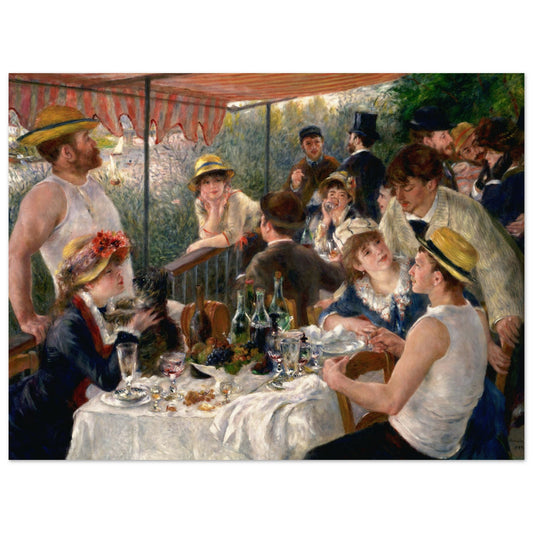 Le Dejeuner des canotiers de Pierre-Auguste Renoir, tableau et oeuvre impressionniste representant un groupe d’amis reuni autour d’un repas sur une terrasse.