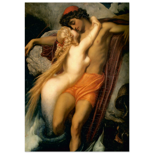 Le Pecheur et la Sirene de Frederic Leighton, tableau et oeuvre academique representant un pecheur enlace par une sirene au bord de la mer.