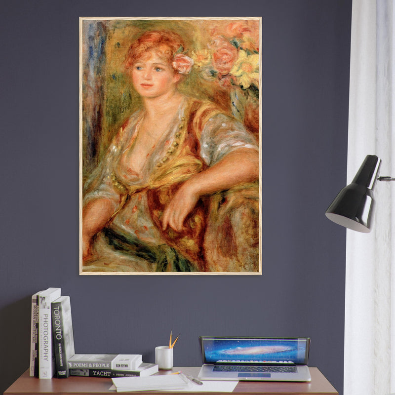 Blonde à la rose de Pierre-Auguste Renoir, œuvre impressionniste reproduite en poster d’art avec cadre en bois clair, pour décoration murale.