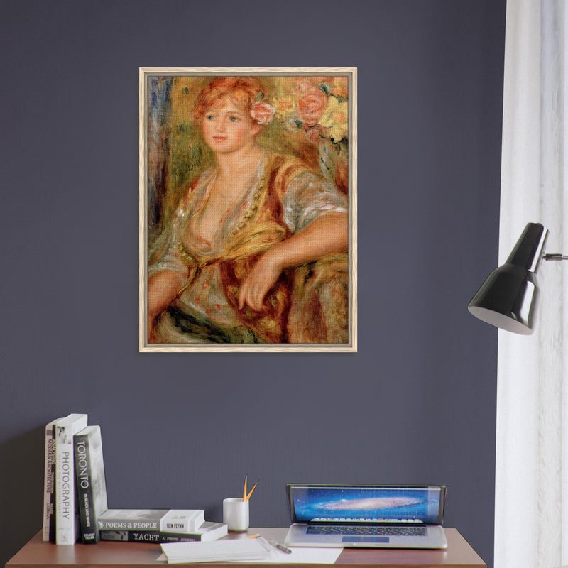 Blonde à la rose de Pierre-Auguste Renoir, œuvre impressionniste reproduite sur toile avec cadre en bois clair, pour décoration murale.