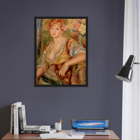 Blonde à la rose de Pierre-Auguste Renoir, œuvre impressionniste reproduite sur toile avec cadre noir, pour décoration murale.