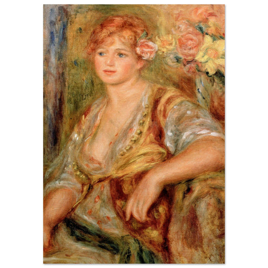 Blonde à la rose de Pierre-Auguste Renoir, tableau et œuvre impressionniste représentant le portrait d’une jeune femme blonde tenant une rose.