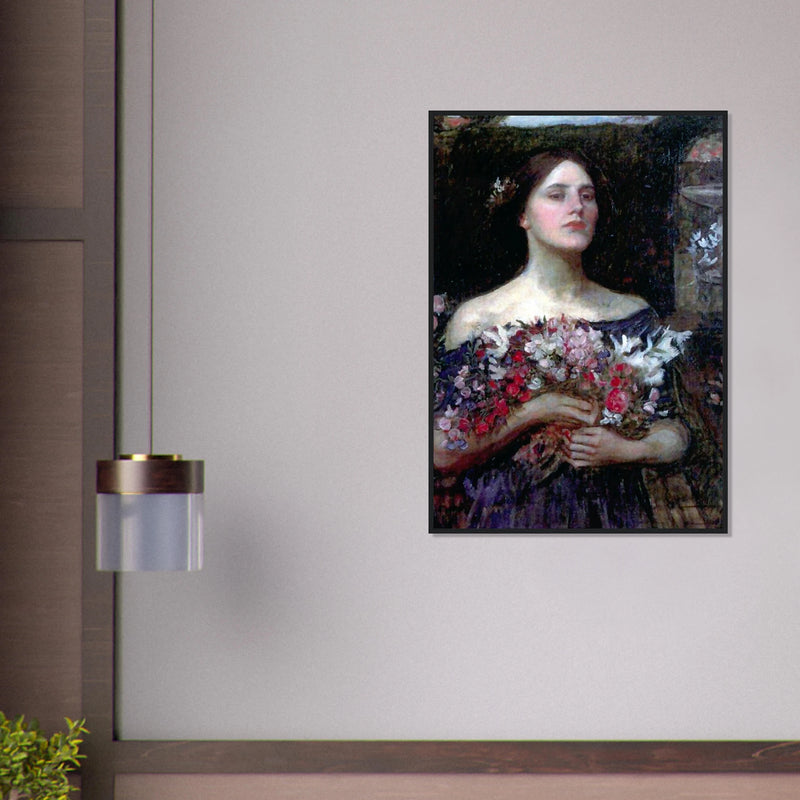 Cueillez les boutons de rose de John William Waterhouse, œuvre préraphaélite reproduite en poster d’art avec cadre noir, pour décoration murale.