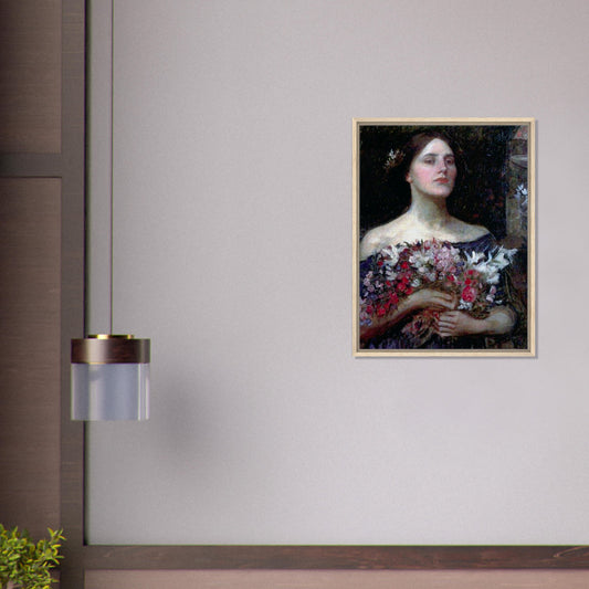 Cueillez les boutons de rose de John William Waterhouse, œuvre préraphaélite reproduite sur toile avec cadre en bois clair, pour décoration murale.