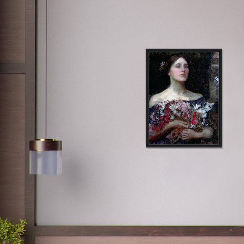 Cueillez les boutons de rose de John William Waterhouse, œuvre préraphaélite reproduite sur toile avec cadre noir, pour décoration murale.