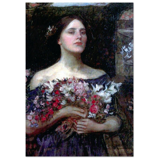 Cueillez les boutons de rose de John William Waterhouse, tableau et œuvre préraphaélite représentant une jeune femme cueillant des roses.