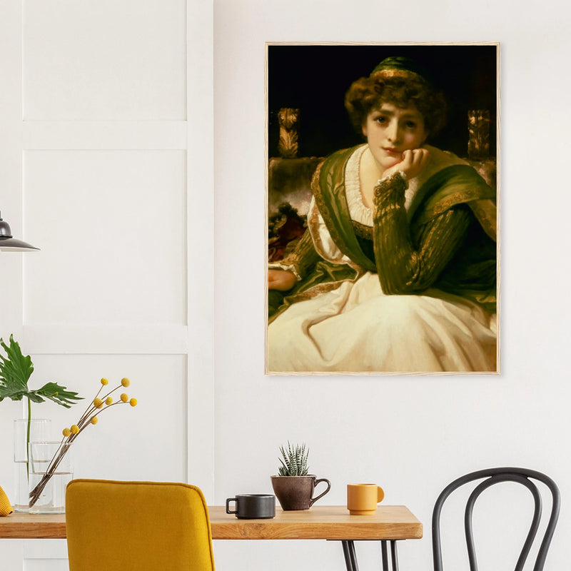 Desdémone de Frederic Leighton, œuvre académique reproduite en poster d’art avec cadre en bois clair, pour décoration murale.