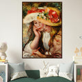 Deux jeunes filles lisant de Pierre-Auguste Renoir, oeuvre impressionniste representant deux jeunes filles reunies autour d'un livre, reproduite en poster encadre avec cadre en bois fonce.