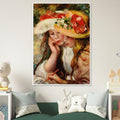 Deux jeunes filles lisant de Pierre-Auguste Renoir, oeuvre impressionniste representant deux jeunes filles reunies autour d'un livre, reproduite en poster encadre avec cadre blanc.