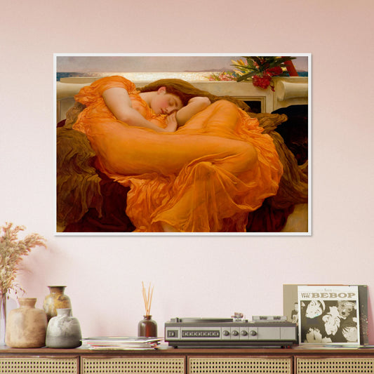 Flaming June de Frederic Leighton, œuvre académique reproduite en poster d’art avec cadre blanc, pour décoration murale.