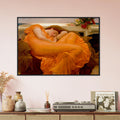 Flaming June de Frederic Leighton, œuvre académique reproduite en poster d’art avec cadre noir, pour décoration murale.