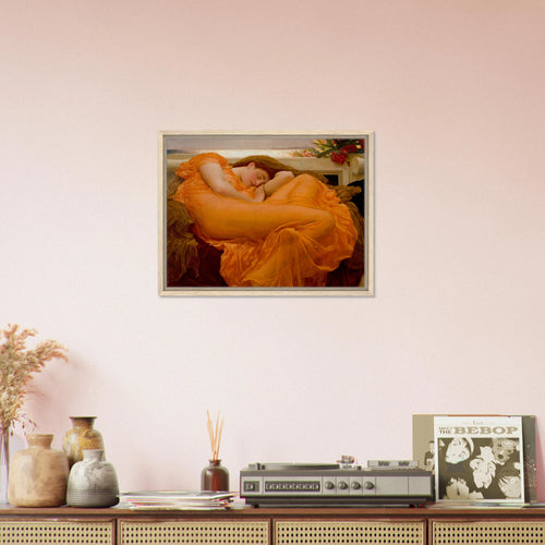 Flaming June de Frederic Leighton, œuvre académique reproduite sur toile avec cadre en bois clair, pour décoration murale.