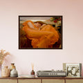 Flaming June de Frederic Leighton, œuvre académique reproduite sur toile avec cadre en bois foncé, pour décoration murale.