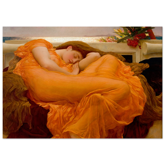 Flaming June de Frederic Leighton, tableau et œuvre académique représentant une jeune femme endormie enveloppée dans une robe orange.