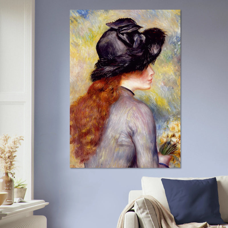 Jeune fille au bouquet de tulipes de Pierre-Auguste Renoir, oeuvre impressionniste reproduite sur poster d'art d'apres le tableau original, pour decoration murale.