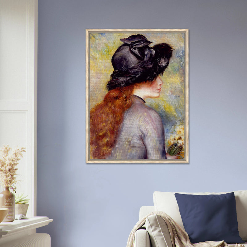 Jeune fille au bouquet de tulipes de Pierre-Auguste Renoir, oeuvre impressionniste reproduite sur toile avec cadre en bois clair, pour decoration murale.