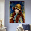 Jeune fille au chapeau de paille de Pierre-Auguste Renoir, œuvre impressionniste reproduite en poster d’art avec cadre en bois clair, pour décoration murale.