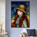Jeune fille au chapeau de paille de Pierre-Auguste Renoir, œuvre impressionniste reproduite en poster d’art avec cadre en bois foncé, pour décoration murale.
