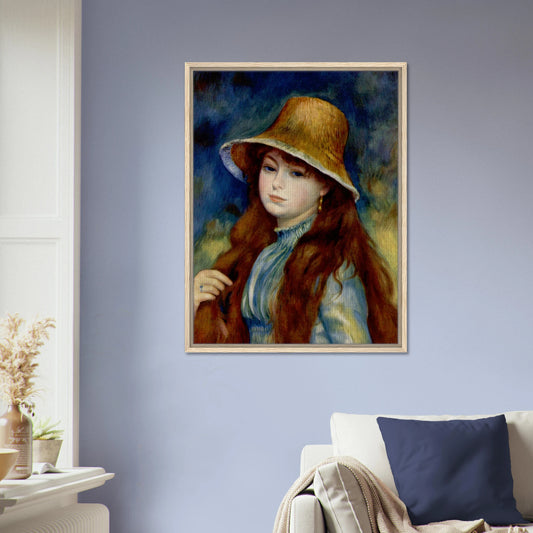 Jeune fille au chapeau de paille de Pierre-Auguste Renoir, œuvre impressionniste reproduite sur toile avec cadre en bois clair, pour décoration murale.