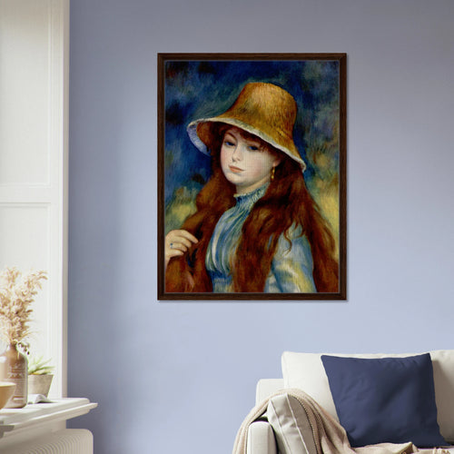 Jeune fille au chapeau de paille de Pierre-Auguste Renoir, œuvre impressionniste reproduite sur toile avec cadre en bois foncé, pour décoration murale.