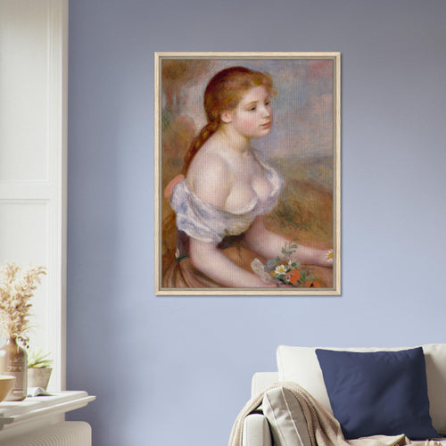 Jeune fille aux marguerites de Pierre-Auguste Renoir, œuvre impressionniste reproduite sur toile avec cadre en bois clair, pour décoration murale.