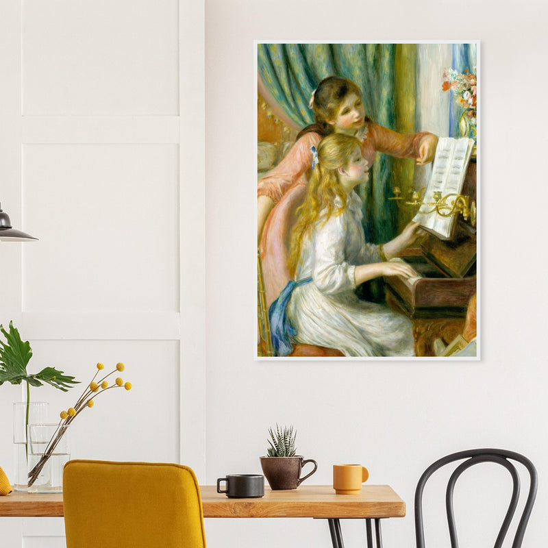 Jeunes filles au piano de Pierre-Auguste Renoir, œuvre impressionniste reproduite en poster d’art avec cadre blanc, pour décoration murale.