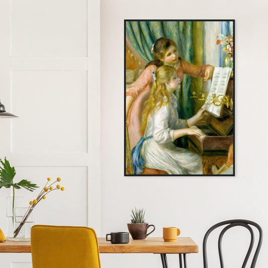 Jeunes filles au piano de Pierre-Auguste Renoir, œuvre impressionniste reproduite en poster d’art avec cadre noir, pour décoration murale.