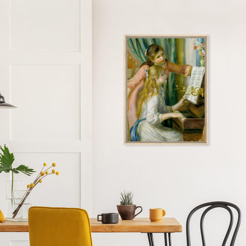 Jeunes filles au piano de Pierre-Auguste Renoir, œuvre impressionniste reproduite sur toile avec cadre en bois clair, pour décoration murale.