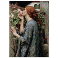 L’Ame de la Rose de John William Waterhouse, tableau et oeuvre preraphaelite representant une jeune femme respirant le parfum d’une rose dans un jardin.