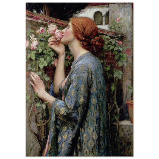 L’Ame de la Rose de John William Waterhouse, tableau et oeuvre preraphaelite representant une jeune femme respirant le parfum d’une rose dans un jardin.