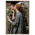 L’Ame de la Rose de John William Waterhouse, tableau et oeuvre preraphaelite representant une jeune femme respirant le parfum d’une rose dans un jardin.