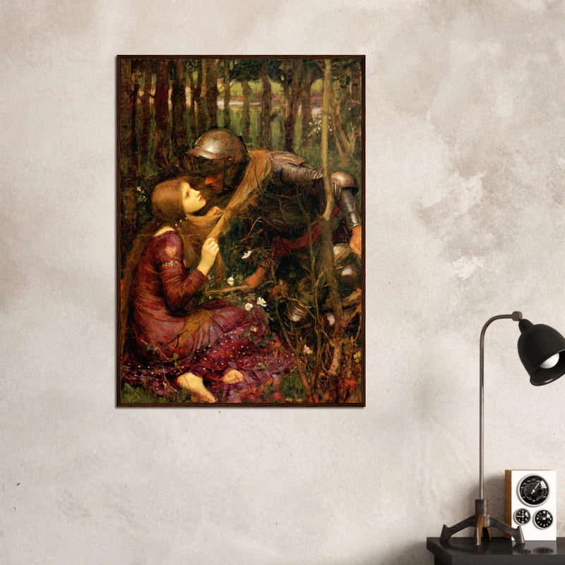 La Belle Dame sans Merci de John William Waterhouse, œuvre préraphaélite reproduite en poster d’art avec cadre en bois foncé, pour décoration murale.
