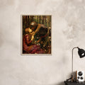 La Belle Dame sans Merci de John William Waterhouse, œuvre préraphaélite reproduite sur toile avec cadre en bois clair, pour décoration murale.