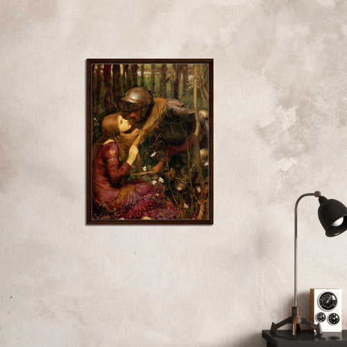 La Belle Dame sans Merci de John William Waterhouse, œuvre préraphaélite reproduite sur toile avec cadre en bois foncé, pour décoration murale.