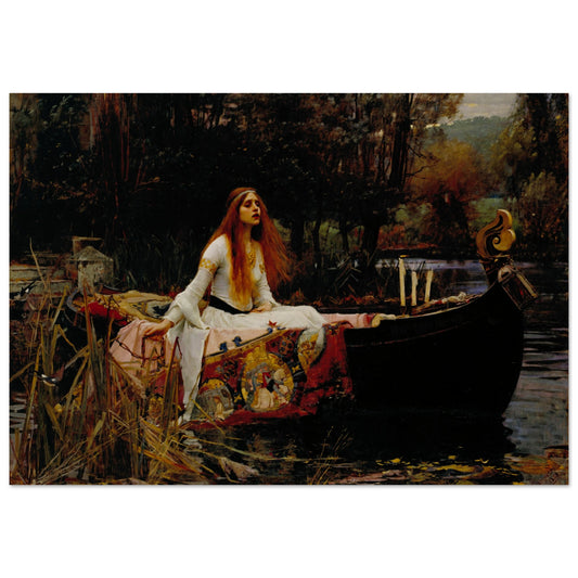 La Dame de Shalott de John William Waterhouse, tableau et œuvre préraphaélite représentant l’héroïne de Tennyson dans une barque sur la rivière.