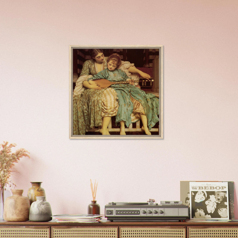 La Leçon de musique de Frederic Leighton, œuvre académique reproduite sur toile avec cadre en bois clair, pour décoration murale.