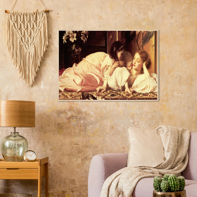 La Mere et l’Enfant de Frederic Leighton, oeuvre academique reproduite en poster d’art avec cadre en bois clair, pour decoration murale.
