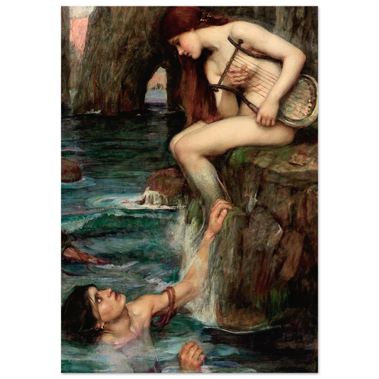 La Sirene de John William Waterhouse, tableau et oeuvre preraphaelite representant une sirene assise au bord de l’eau peignant sa longue chevelure.