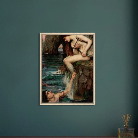 La Sirene de John William Waterhouse, oeuvre preraphaelite reproduite sur toile avec cadre en bois clair, pour decoration murale.