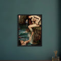 La Sirene de John William Waterhouse, oeuvre preraphaelite reproduite sur toile avec cadre noir, pour decoration murale.
