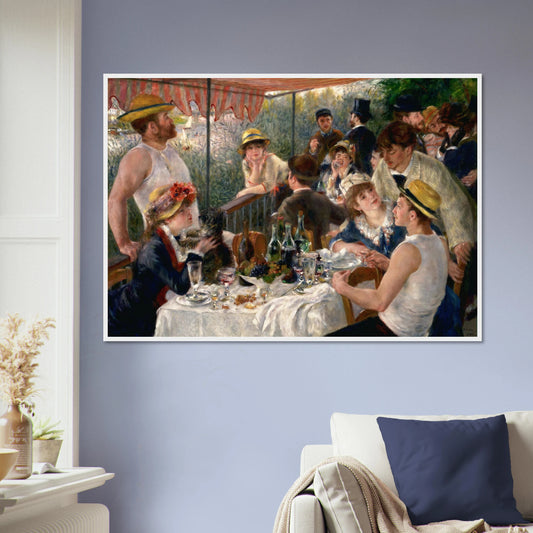 Le Dejeuner des canotiers de Pierre-Auguste Renoir, oeuvre impressionniste reproduite en poster d’art avec cadre blanc, pour decoration murale.