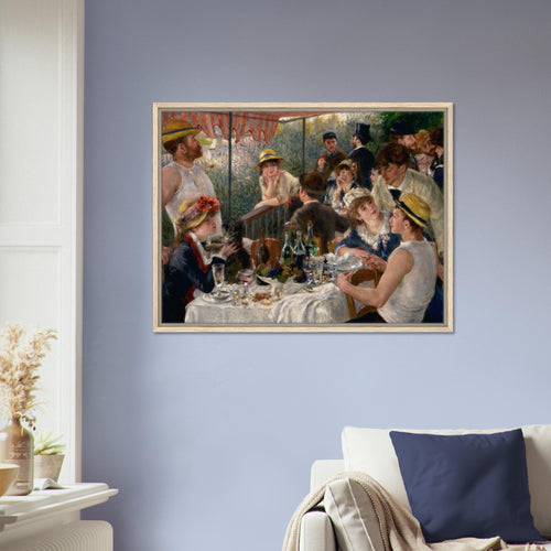 Le Dejeuner des canotiers de Pierre-Auguste Renoir, oeuvre impressionniste reproduite sur toile avec cadre en bois clair, pour decoration murale.