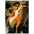 Le Pecheur et la Sirene de Frederic Leighton, tableau et oeuvre academique representant un pecheur enlace par une sirene au bord de la mer.