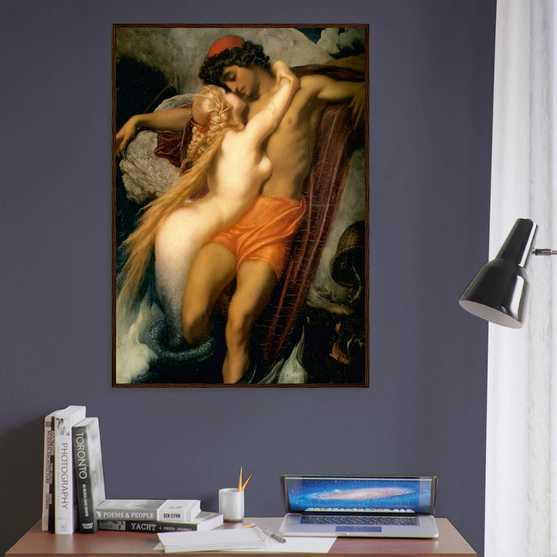 Le Pecheur et la Sirene de Frederic Leighton, oeuvre academique reproduite en poster d’art avec cadre en bois fonce, pour decoration murale.