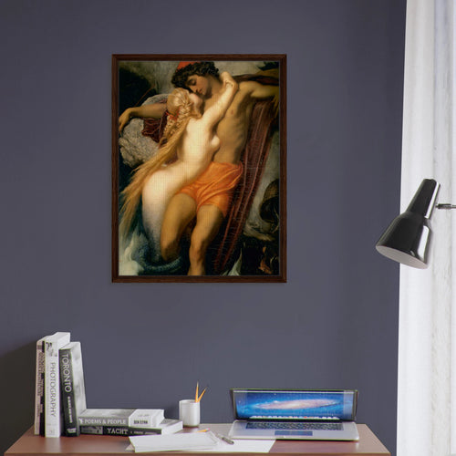 Le Pecheur et la Sirene de Frederic Leighton, oeuvre academique reproduite sur toile avec cadre en bois fonce, pour decoration murale.