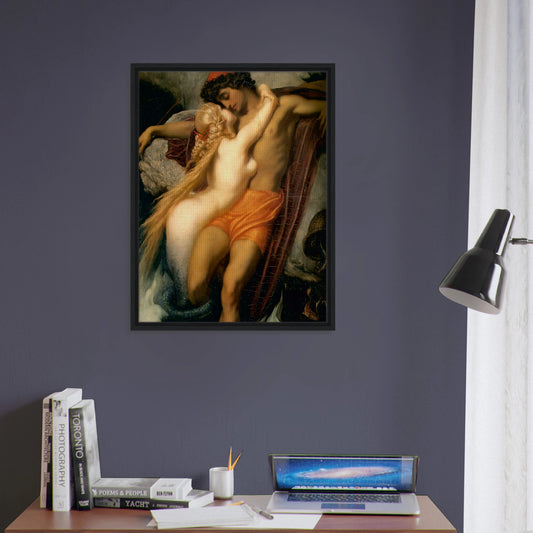Le Pecheur et la Sirene de Frederic Leighton, oeuvre academique reproduite sur toile avec cadre noir, pour decoration murale.